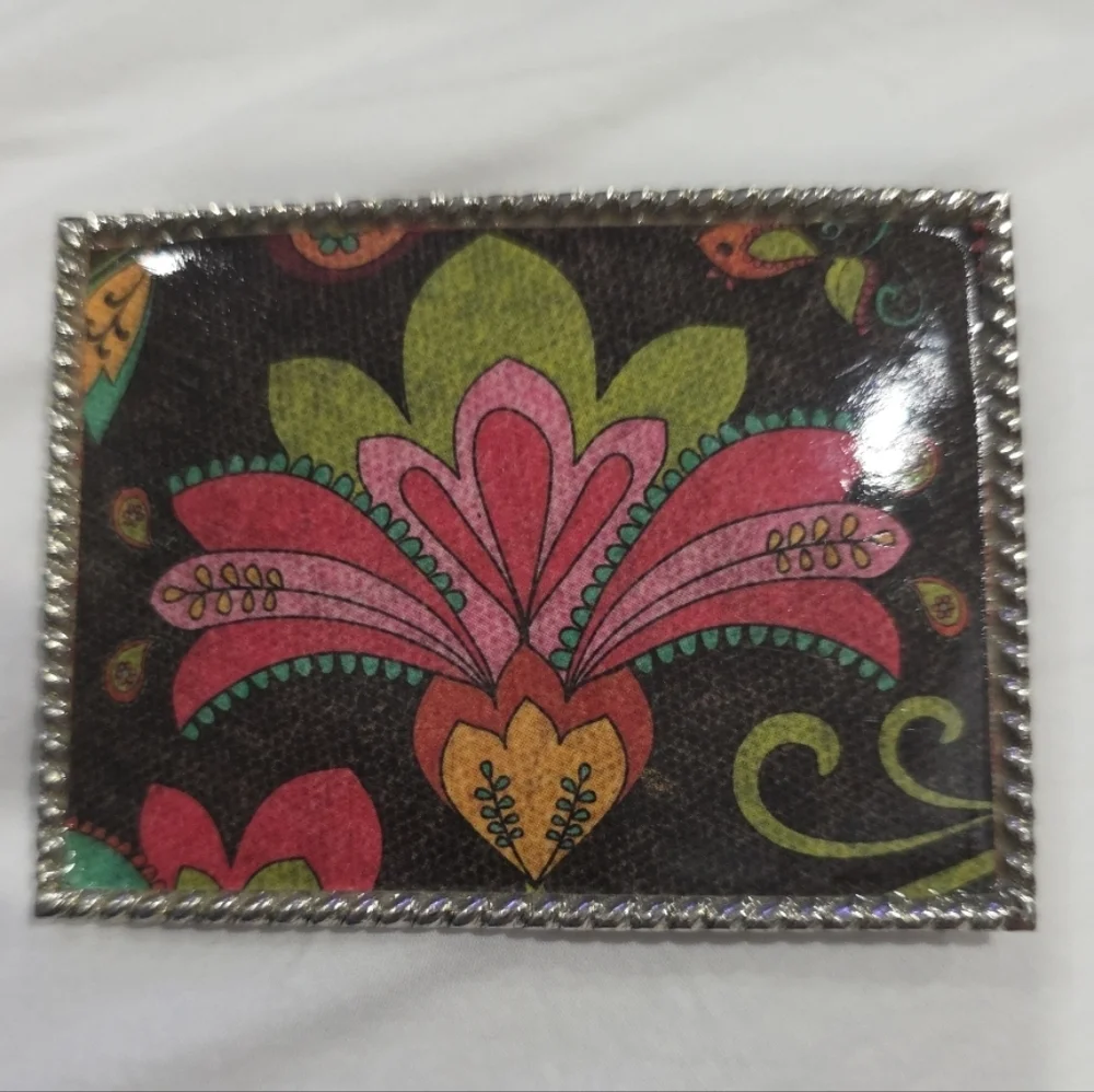 Womens Metal Floral Rectangle Belt Buckle Brown Pink Retro Boho Western Indie - Picture 5 of 5